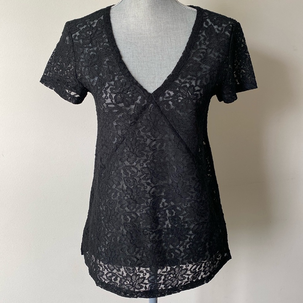 Whimsigoth Coquette Sheer Lace V-Neck Short Sleeve Top Black Size Small